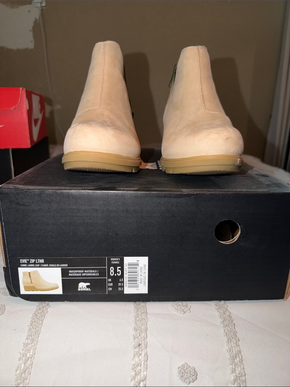 Sorel EVIE Beige Leather Zip Ankle Boots